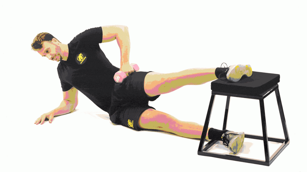 PLATAFORMA-SUELO-ADUCTORES-ELEVACION DE PELVIS LATERAL CON PIERNA EXTENDIDA Y CON MANCUERNA
