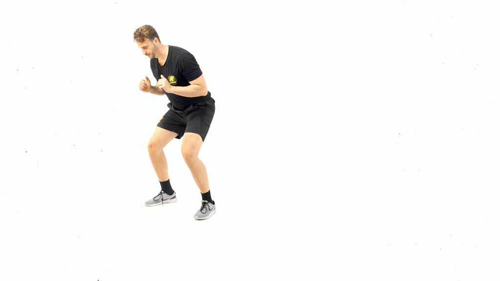 DE PIE-SIN MATERIAL-CARDIO-DESPLAZAMIENTOS LATERALES CON SENTADILLA AL FINAL TOCANDO SUELO